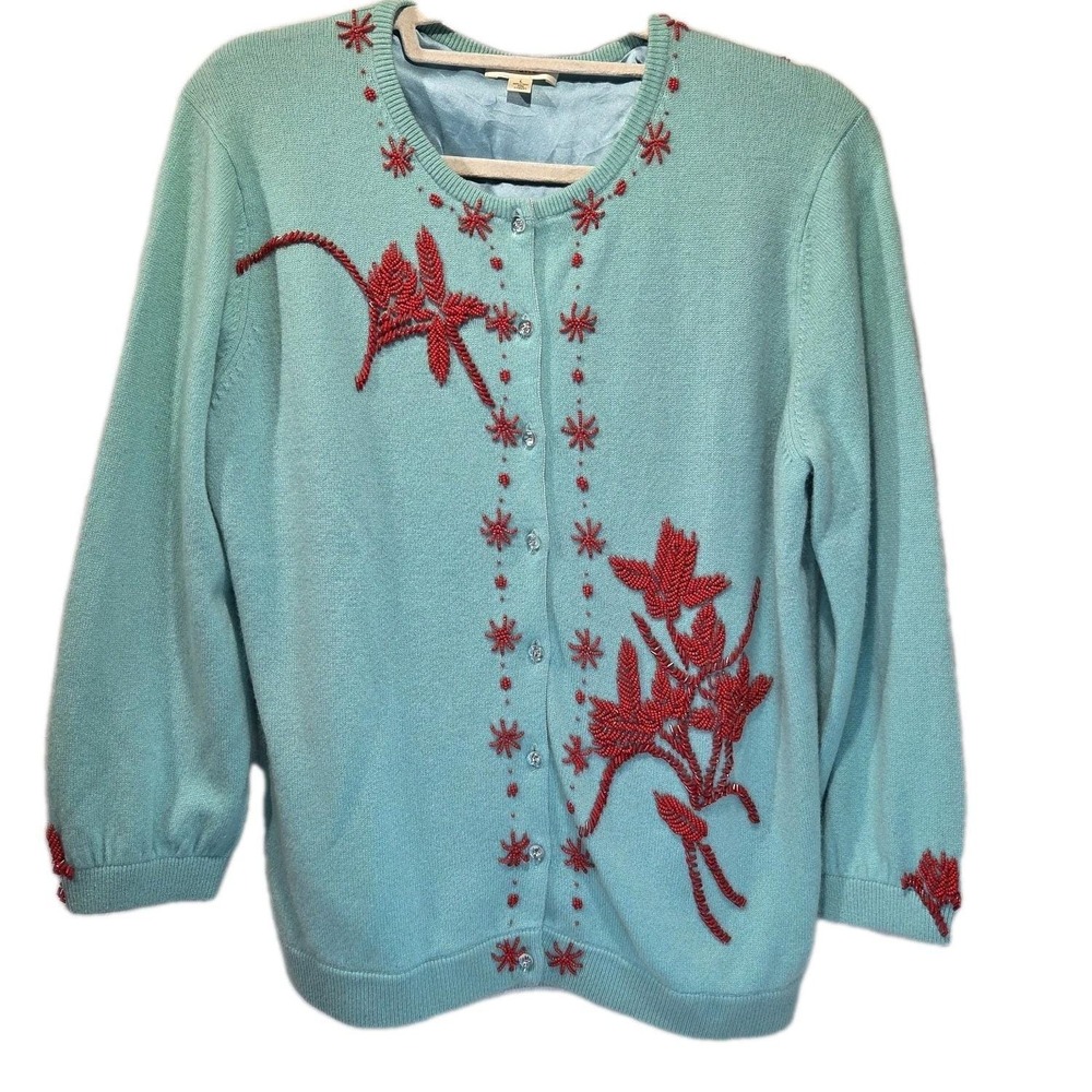 100% Cashmere Button Front Cardigan L Blue Embellished Knit Sweater Solaire EUC
